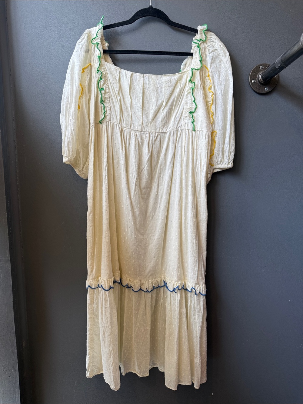 Farm Rio Cream Peasant Midi Dress with Color-Trim Ruffles